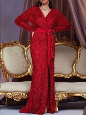 Tadashi Shoji Beya Eyelash Yarn Wrap Gown - NWT